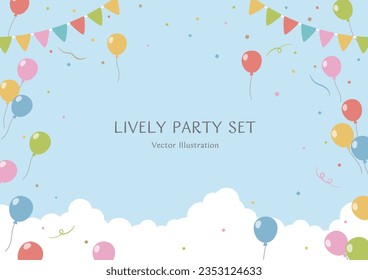 Balloons, garland and confetti dancing in the refreshing blue sky. lively party set