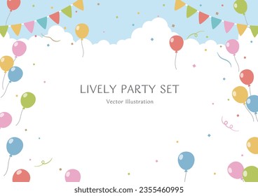 Globos, garland y confeti bailando en el refrescante cielo azul. animado conjunto de fiestas