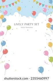 Balloons, garland and confetti dancing in the refreshing blue sky. lively party set