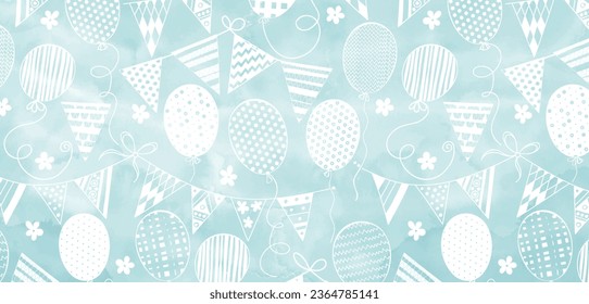 Balloons and garlands. Art festive background on blue watercolor. Vector. Template design for text, packaging and prints.