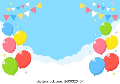 Balloons and garlands on blue sky background