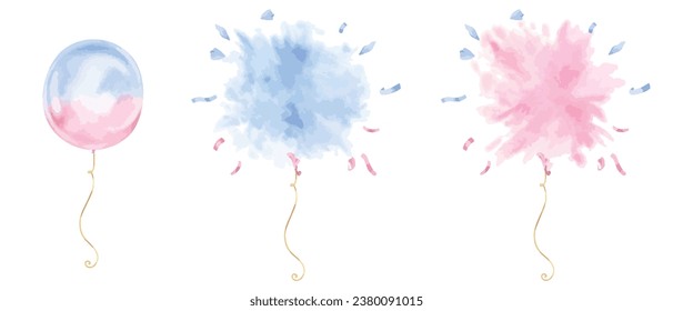 Balloons for gender reveal party. Vector illustration of boy or girl card template. Hand drawn graphic clip art of burst baloon on white isolated background. Watercolor drawing of blue or pink ballon