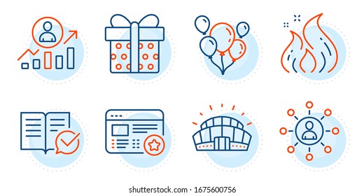 Balloons, Gift box and Career ladder signs. Networking, Favorite and Fire energy line icons set. Approved documentation, Sports stadium symbols. Business communication, Star feedback. Vector