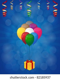 Balloons and gift box with streamers on rays background