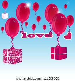balloons and gift boxes on a background blue sky