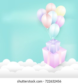 Balloons with Gift boxes Paper art illustration. Christmas season or Birthday Paper cut style