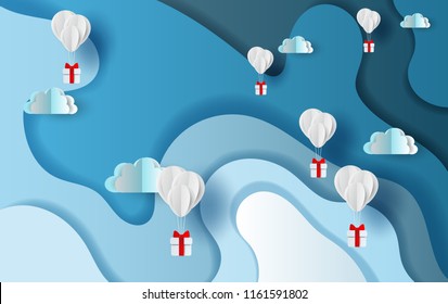 Balloons gift fly air on Abstract Curve shape sky background.Paper cut and craft style for card and banner.Minimal Holiday season decoration concept.Merry Christmas and Happy new year.vector EPS10