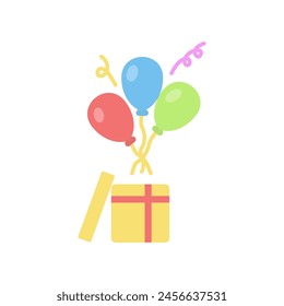 Balloons with gift vector color bright icon. Color holiday logo. Vector icon of confetti with box vector. Gift box icon.
