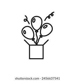 Globos con ícono de Vector de regalo. Logo de Festiva. Icono de Vector de confeti con Vector de caja. Icono de caja de regalo. Globos y regalo en estilo de contorno lineal.