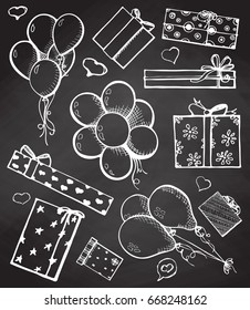 Balloons and gifts on the chalkboard. Vector illustration in a sketch style.