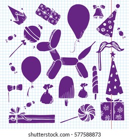 Balloons and gifts on a notebook. Vector illustration in a sketch style