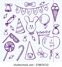 Balloons and gifts on a notebook. Vector illustration in a sketch style