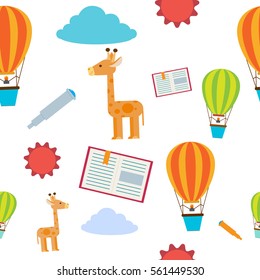 Balloons, giraffe, telescope, sun, books seamless pattern vector illustration