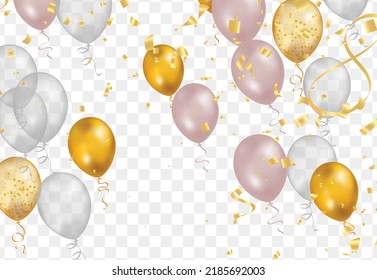balloons with gold isolated on translucent background with reflection. 3D illustration of celebration, party balloons
