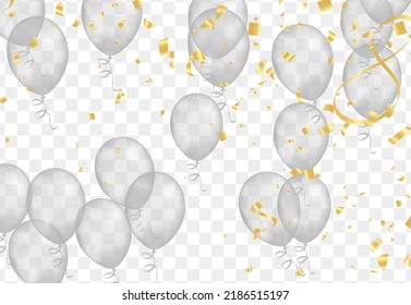 balloons with gold isolated on translucent background with reflection. 3D illustration of celebration, party balloons