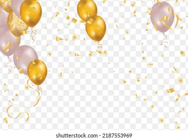 balloons with gold isolated on translucent background with reflection. 3D illustration of celebration, party balloons