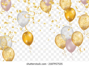 Ballons mit Gold einzeln auf transparentem Hintergrund mit Reflexion. 3D-Illustration von Feiern, Partyballons