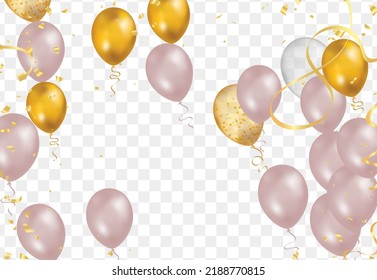 balloons with gold isolated on translucent background with reflection. 3D illustration of celebration, party balloons