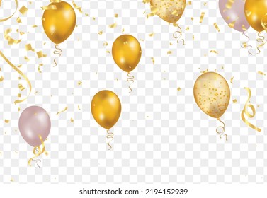 balloons with gold isolated on translucent background with reflection. 3D illustration of celebration, party balloons