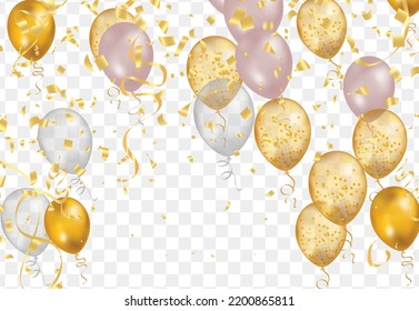 balloons with gold isolated on translucent background with reflection. 3D illustration of celebration, party balloons