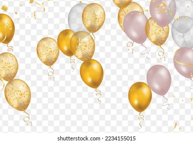 balloons with gold isolated on translucent background with reflection. 3D illustration of celebration, party balloons