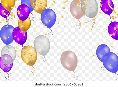 balloons with gold isolated on translucent background with reflection. 3D illustration of celebration, party balloons