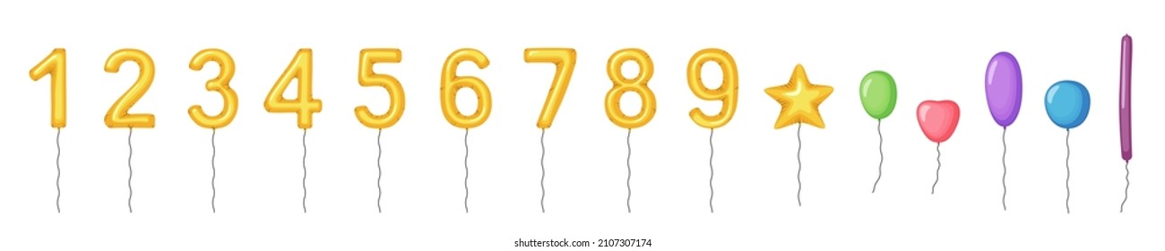 Globos con números de oro de 1 a 9 y más globos con diferentes formas.