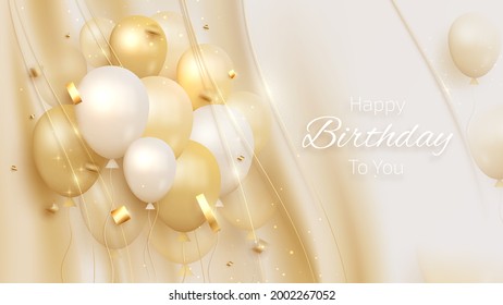 Balloons and golden ribbon on pastel cream color luxury background, curve canvas scene sparkle, 3d realistic vector illustration.