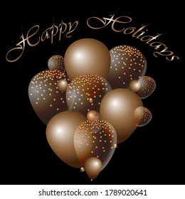 Balloons, golden and transparent on a black background. Invitation, greeting card. Vector graphics.