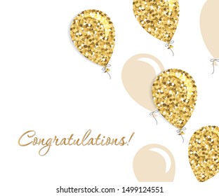 Balloons greeting card. Gold glitter and beige colors. For birthday, baby shower or holidays design. Vector illustration