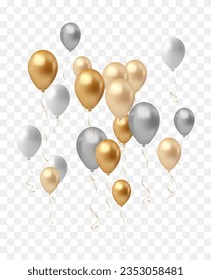 balloons group. Golden shiny falling confetti, glossy yellow and white inflatable helium balloon with gold ribbon for birthday party or anniversary, 3d realistic vector illustration