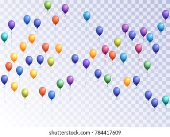 Balloons group isolated on transparent vector graphic design. Greeting card background. Colored helium flying balloons isolated bunch, party decor objects group.