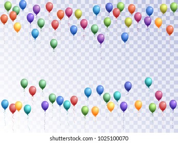 Balloons Group Isolated Vector Frame Border Graphic Design. Birthday Party Decoration. Marvelous Helium Flying Balloons Isolated Bunch, Group Of Party Decor Objects In Rainbow Colors.