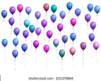 Balloons group isolated vector graphic design. Carnival or music festival decoration. Marvelous helium flying balloons isolated bunch, party decor objects in turquoise, purple, blue, pink, violet.