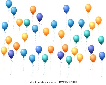Balloons group isolated vector graphic design. Birthday party decoration. Beautiful helium flying balloons isolated bunch, party decor objects group in blue, cyan, orange, yellow.