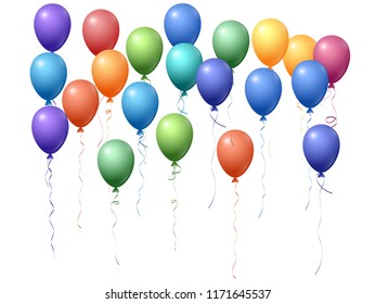 Balloons group isolated vector graphic design. Holiday celebration elements. Bright helium flying balloons isolated bunch, group of party decor objects in spectrum rainbow colors.