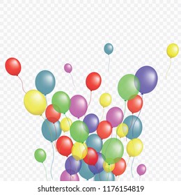 Balloons group isolated vector graphic design. Greeting card background. Colorful helium flying balloons isolated on transparent background bunch, group of party decor objects.