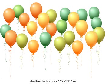 Balloons group isolated vector graphic design. Greeting card background. Festive helium flying balloons isolated bunch, party decor objects group vector in green, orange, yellow.
