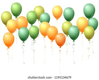 Balloons group isolated vector graphic design. Greeting card background. Festive helium flying balloons isolated bunch, party decor objects group vector in green, orage, yellow.