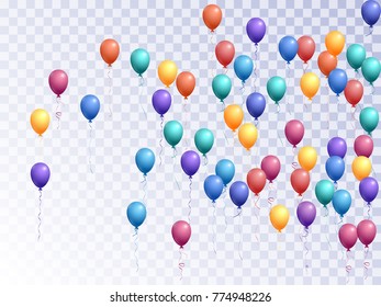 Balloons group isolated vector graphic design. Anniversary holiday decoration. Colored helium flying balloons isolated bunch, party decor objects group on transparent.