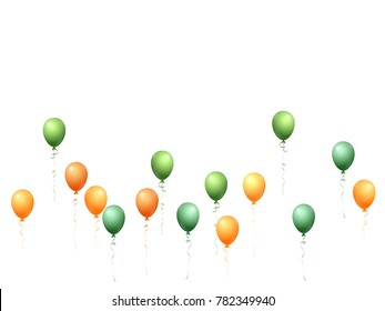 Balloons group isolated vector graphic design. Greeting card background. Festive helium flying balloons isolated bunch, party decor objects group vector in green, orage, yellow.