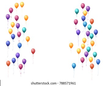 Balloons group isolated vector graphic design. Anniversary holiday decoration. Festive helium flying balloons isolated bunch, group of party decor objects  red, blue, cyan, yellow, orange, violet.