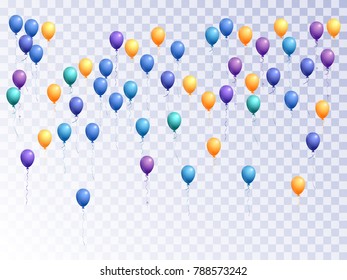 Balloons group isolated vector graphic design in blue, orange, violet on transparent. Birthday party decoration. Bright helium flying balloons isolated bunch, party decor objects group.