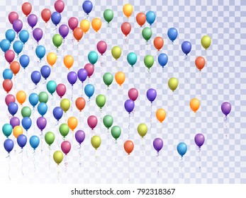 Balloons group isolated vector graphic design. Carnival or music festival decoration. Beautiful helium flying balloons isolated bunch, party decor objects group in rainbow colors on transparent.