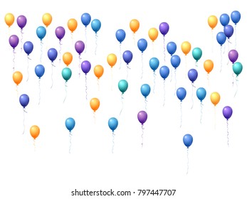 Balloons group isolated vector graphic design. Birthday party decoration. Beautiful helium flying balloons isolated bunch, party decor objects group in blue, orange, violet, cyan.