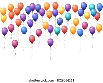 Balloons group isolated vector illustration. Birthday gift or surprise elements. Festive helium flying balloons isolated bunch, party decor objects group vector in orange, red, blue, violet, cyan.