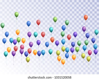 Balloons group isolated vector illustration with transparent background. Carnival or music festival decoration. Funky helium flying balloons isolated bunch, party decor objects group.