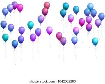 Balloons group isolated vector illustration in pink, blue, cyan, violet. Anniversary holiday decoration. Glossy helium flying balloons isolated bunch, party decor objects group.