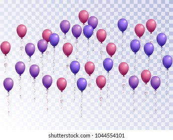 Balloons group isolated vector illustration. Carnival or festival decoration. Colorful helium flying balloons isolated bunch, party decor objects group vector in violet, magenta, blue on transparent.