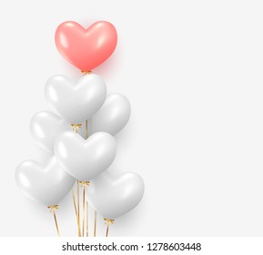 Balloons group realistic in shape heart with gold ribbon. 3d ballon isolated on white background